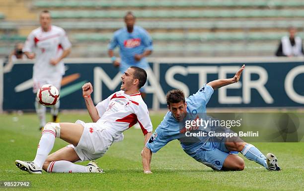 Leonardo Bonucci of Bari and German Dennis of Napoli in action during the Serie A match between AS Bari and SSC Napoli at Stadio San Nicola on April...