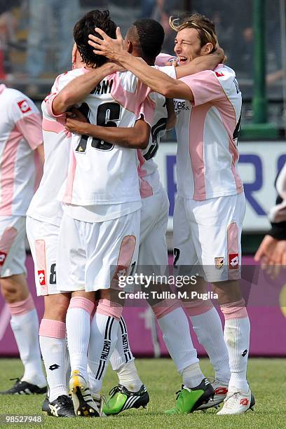 Citta di Palermo players celebrate after the Serie A match between Cagliari Calcio and US Citta di Palermo at Stadio Sant'Elia on April 18, 2010 in...