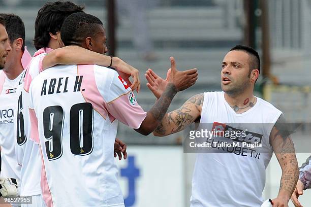 Abel Hernandez and Fabrizio Miccoli of Palermo celebrate after the Serie A match between Cagliari Calcio and US Citta di Palermo at Stadio Sant'Elia...