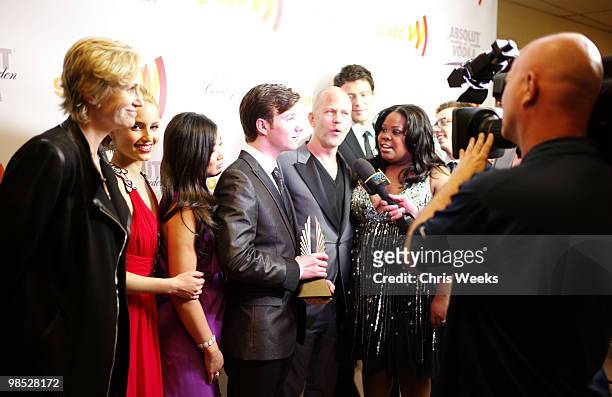 Actors Jane Lynch, Dianna Agron, Jenna Ushkowitz, Chris Colfer, Glee show creator Ryan Murphy and Amber Riley backstage at the 21st Annual GLAAD...