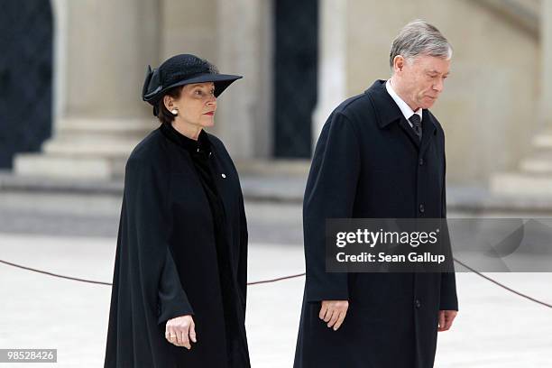 German President Horst Koehler and his wife Eva Luise Koehler attend the funeral of late Polish President Lech Kazcynski and his wife Maria at Wawel...