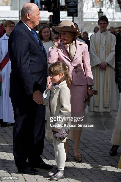 King Harald V of Norway, Princess Ingrid Alexandra of Norway and Queen Sonja of Norway attend the reopening of Oslo Cathedral, which has been closed...