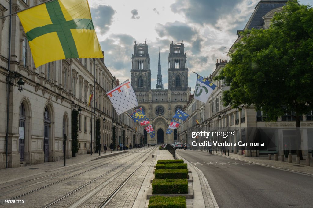 Rue Jeanne d'Arc and the Saint-Croix Cathedral of Orléans - France