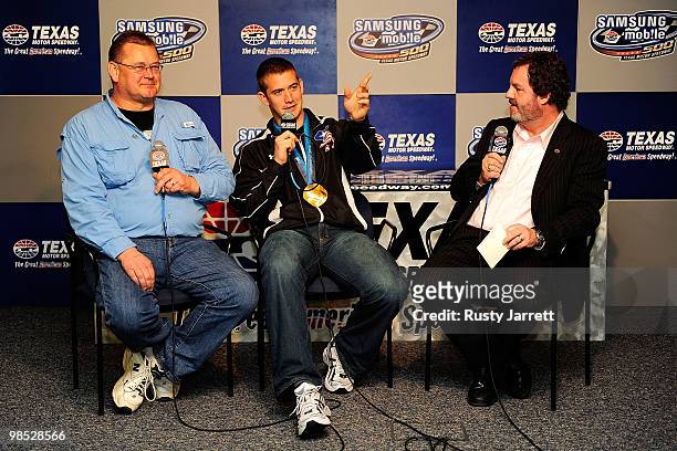 Winter Olympics Bobsledding Gold Medalist Justin Olsen participates in a press conference with his father Brad and President of Texas Motor Speedway...