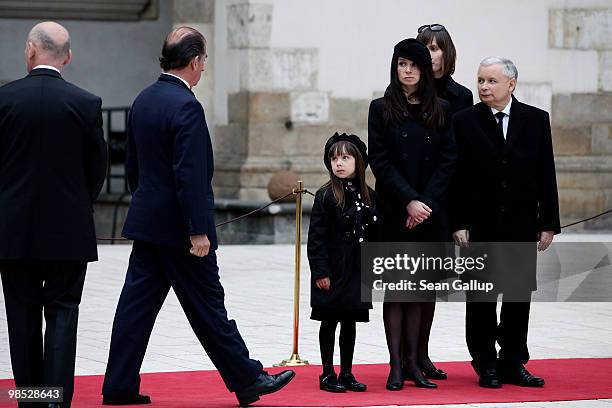 Marta Kaczynska, daughter of late Polish President Lech Kazcynski, her daughter Ewa and twin brother of Lech Kaczysnki, Jaroslaw Kaczynski , receive...