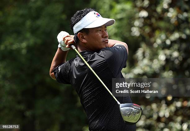 Choi of South Korea watches his tee shot on the ninth hole during the final round of the Verizon Heritage at the Harbour Town Golf Links on April 18,...
