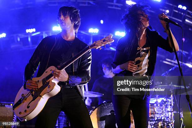 Dean Fertita, Jack White, and Alison Mosshart of The Dead Weather perform as part of the Coachella Valley Music and Arts Festival at the Empire Polo...