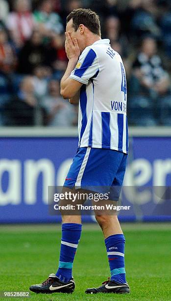 Steve von Bergen of Berlin looks dejected after the Bundesliga match between Eintracht Frankfurt and Hertha BSC Berlin at Commerzbank Arena on April...