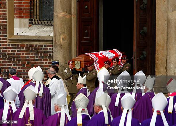Religious and military procession transports the coffin of late Polish President Lech Kazcynski from the St Mary's Basilica to the castle Wawel...