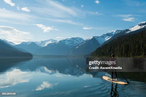 woman paddling on a stunning mountain lake - british columbia coast mountains stock pictures, royalty-free photos & images