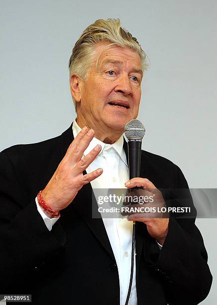 Film director David Lynch answers journalists' questions on April 18, 2010 in Lille, northern France, during a press conference to promote his...