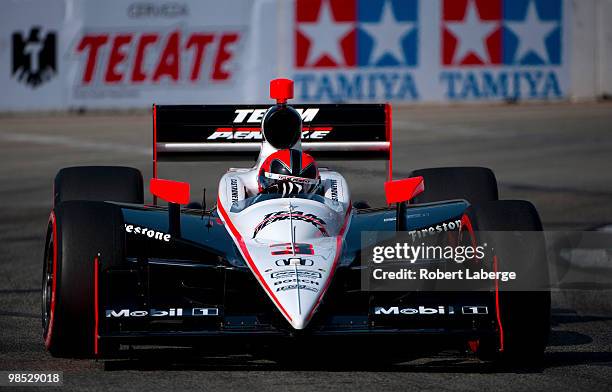 Helio Castroneves of Brazil, driver of the Team Penske Dallara Honda during warm up the IndyCar Series Toyota Grand Prix of Long Beach on April 18,...