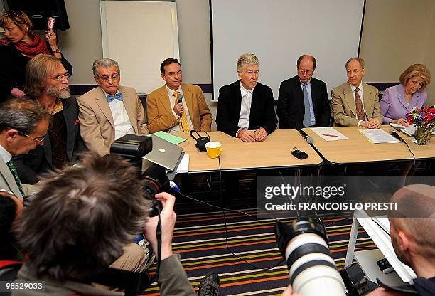 Film director David Lynch answers journalists' questions on April 18, 2010 in Lille, northern France, during a press conference to promote his...
