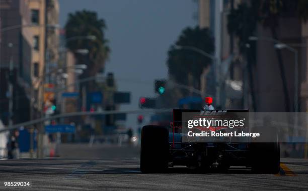 Helio Castroneves of Brazil, driver of the Team Penske Dallara Honda during warm up the IndyCar Series Toyota Grand Prix of Long Beach on April 18,...