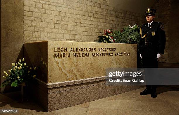 Ceremonial guard stands at the sarcophagus of late Polish President Lech Kazcynski and his wife Maria following their official, state funeral at...