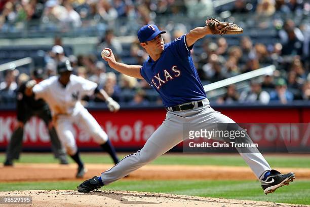 Starting pitcher Rich Harden of the Texas Rangers throws a pitch in the second inning against the New York Yankees on April 18, 2010 at Yankee...