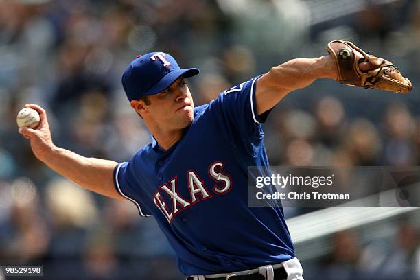 Starting pitcher Rich Harden of the Texas Rangers throws a pitch in the second inning against the New York Yankees on April 18, 2010 at Yankee...