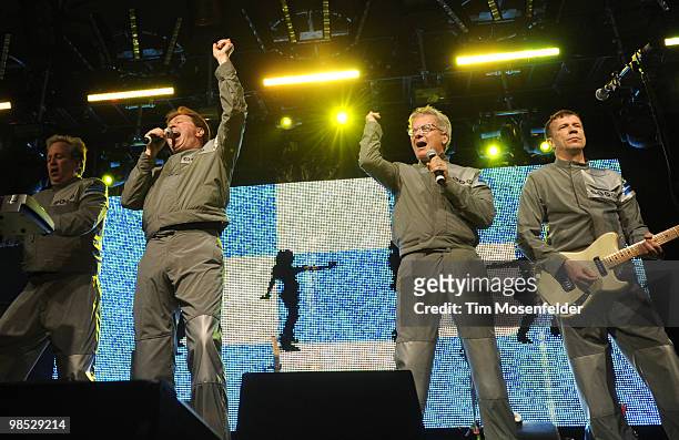 Bob Casale, Gerald Casale, Mark Mothersbaugh and Bob Mothersbaugh of Devo perform as part of the Coachella Valley Music and Arts Festival at the...