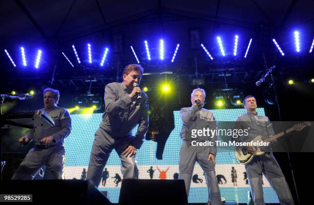 Bob Casale, Gerald Casale, Mark Mothersbaugh and Bob Mothersbaugh of Devo perform as part of the Coachella Valley Music and Arts Festival at the...