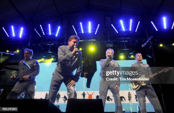 Bob Casale, Gerald Casale, Mark Mothersbaugh and Bob Mothersbaugh of Devo perform as part of the Coachella Valley Music and Arts Festival at the...