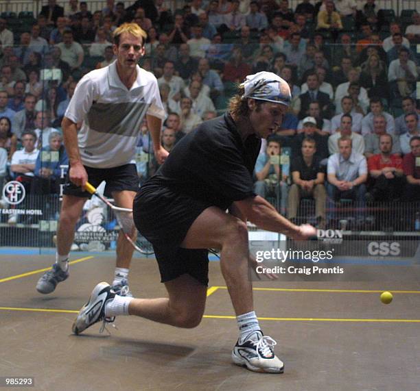 Jonathon Power of Canada in action during his match with Mark Chaloner of England in the Halifax Equitable Super Squash Finals at the Broadgate...