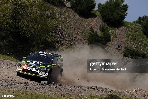 Ken Block of USA and Alex Gelsomino of USA compete in their Monster World Rally Team Ford Focus during Leg 3 of the WRC Rally of Turkey on April 18,...