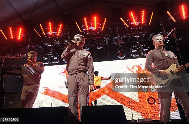 Mark Mothersbaugh of Devo performs as part of the Coachella Valley Music and Arts Festival at the Empire Polo Fields on April 17, 2010 in Indio,...