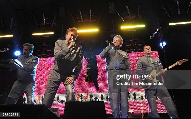 Bob Casale, Gerald Casale, Mark Mothersbaugh and Bob Mothersbaugh of Devo perform as part of the Coachella Valley Music and Arts Festival at the...