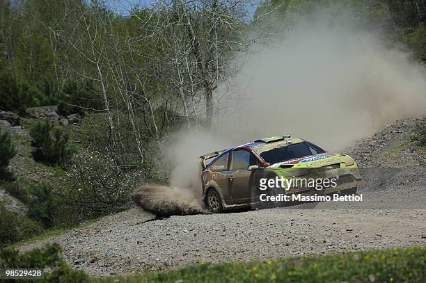 Mikko Hirvonen of Finland and Jarmo Lehtinen of Finland compete in their BP Abu Dhabi Ford Focus during Leg 3 of the WRC Rally of Turkey on April 18,...