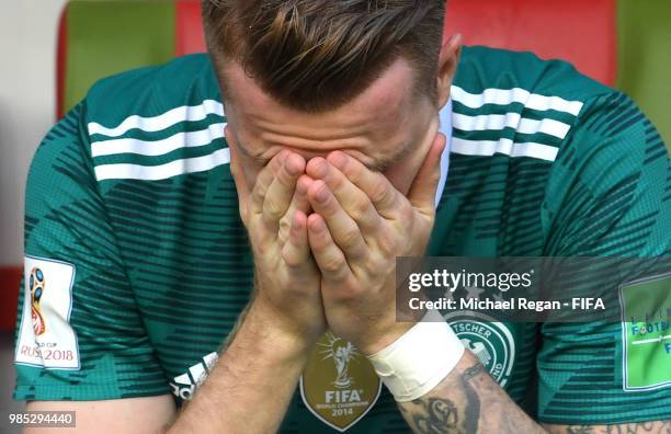 Marco Reus of Germany looks dejected following his sides defeat in the 2018 FIFA World Cup Russia group F match between Korea Republic and Germany at...