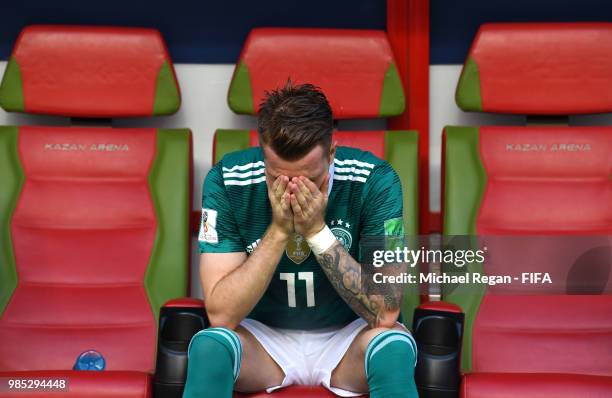 Marco Reus of Germany looks dejected following his sides defeat in the 2018 FIFA World Cup Russia group F match between Korea Republic and Germany at...