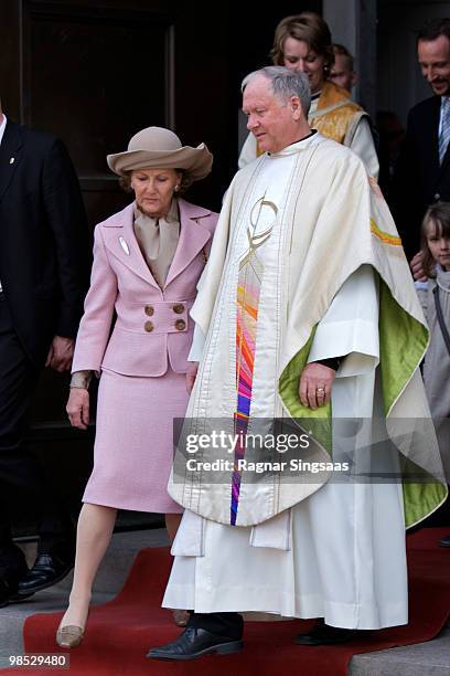 Queen Sonja of Norway and dean Olav Dag Hauge attend the reopening of Oslo Cathedral, which has been closed for renovation since 2006 on April 18,...