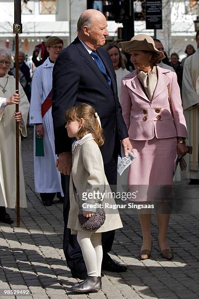 Princess Ingrid Alexandra of Norway, King Harald V of Norway and Queen Sonja of Norway attend the reopening of Oslo Cathedral, which has been closed...