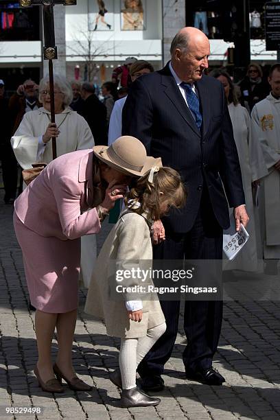 Queen Sonja of Norway, Princess Ingrid Alexandra of Norway and King Harald V of Norway attend the reopening of Oslo Cathedral, which has been closed...