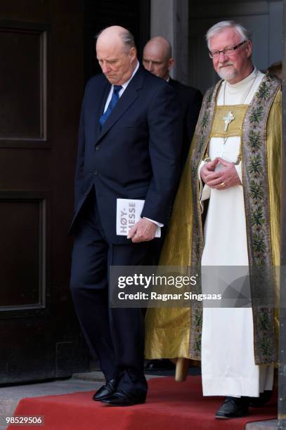 King Harald V of Norway and bishop Ole Christian Kvarme attend the reopening of Oslo Cathedral, which has been closed for renovation since 2006 on...