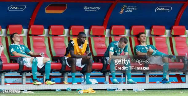 Mesut Oezil of Germany, Antonio Ruediger of Germany, Marco Reus of Germany and Thomas Mueller of Germany look dejected after the 2018 FIFA World Cup...