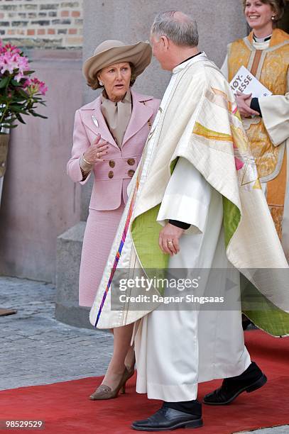 Queen Sonja of Norway and dean Olav Dag Hauge attend the reopening of Oslo Cathedral, which has been closed for renovation since 2006 on April 18,...