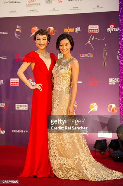 Actresses Zhu Xuan and Fala Chen pose on the red carpet at the 29th Hong Kong Film Awards at the The Hong Kong Cultural Centre on April 18, 2010 in...