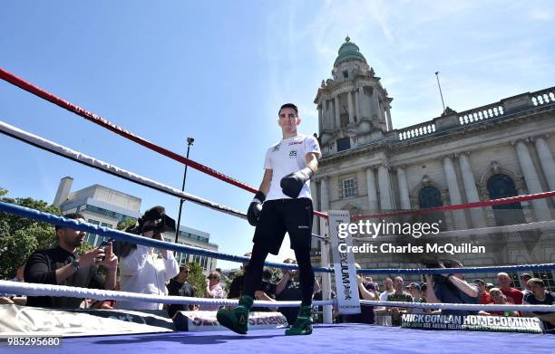 Michael Conlan takes part in an open media workout at Belfast City Hall on June 27, 2018 in Belfast, Northern Ireland. Conlan will headline the...