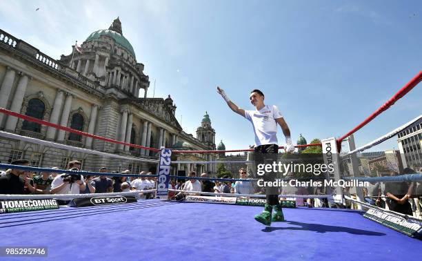 Michael Conlan takes part in an open media workout at Belfast City Hall on June 27, 2018 in Belfast, Northern Ireland. Conlan will headline the...