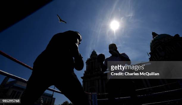 Seagull soars overhead as Adeilson Dos Santos takes part in an open media workout at Belfast City Hall on June 27, 2018 in Belfast, Northern Ireland....