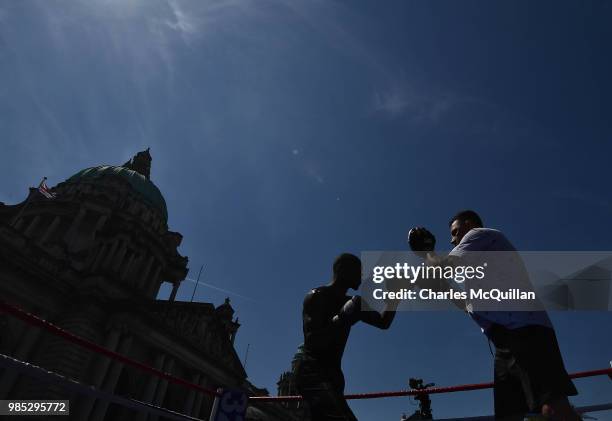 Adeilson Dos Santos takes part in an open media workout at Belfast City Hall on June 27, 2018 in Belfast, Northern Ireland. Adeilson will face...