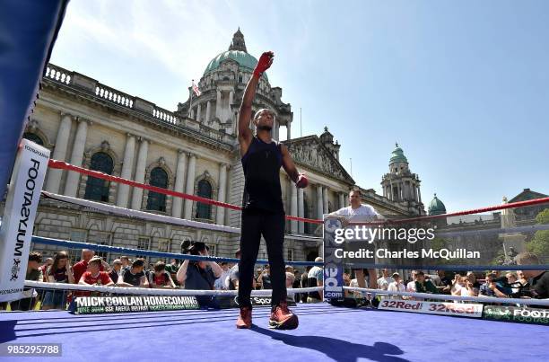 Adeilson Dos Santos waves to the crowd as he takes part in an open media workout at Belfast City Hall on June 27, 2018 in Belfast, Northern Ireland....