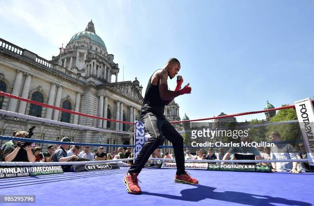 Adeilson Dos Santos takes part in an open media workout at Belfast City Hall on June 27, 2018 in Belfast, Northern Ireland. Adeilson will face...