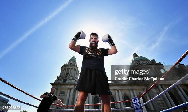 Dublin boxer Jono 'King Kong' Carroll screams into the camera as he takes part in an open media workout at Belfast City Hall on June 27, 2018 in...