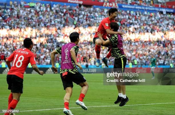 Son Heung-Min of Korea Republic celebrates with team mates after scoring his second goal during the 2018 FIFA World Cup Russia group F match between...