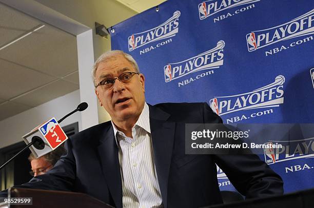 Phil Jackson of the Los Angeles Lakers answers questions before taking on the Oklahoma City Thunder in Game One of the Western Conference...