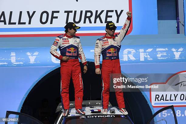 Daniel Elena of Monaco and Sebastien Loeb of France celebrate their final success in the WRC Rally of Turkey on April 18, 2010 in Istanbul, Turkey.