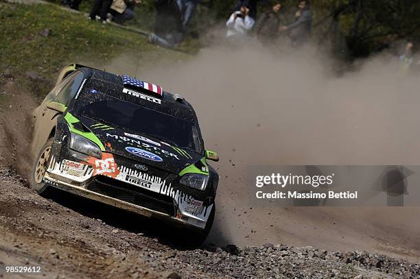 Ken Block of USA and Alex Gelsomino of USA compete in their Monster World Rally Team Ford Focus during Leg 3 of the WRC Rally of Turkey on April 18,...