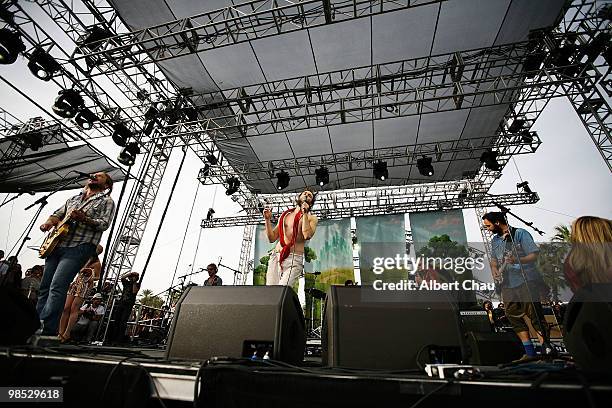 Edward Sharpe and the Magnetic Zeros performs during Day two of the Coachella Valley Music & Art Festival 2010 held at the Empire Polo Club on April...